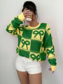 Sweater Tejido con Diseño a Cuadros y Detalle de Moño 3D