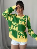 Sweater Tejido con Diseño a Cuadros y Detalle de Moño 3D