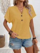 Camiseta de Verano Casual con Cuello en V y Botones Decorativos
