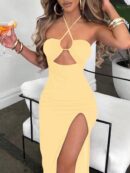 Vestido Largo Halter Sin Mangas con Espalda Descubierta y Abertura Lateral