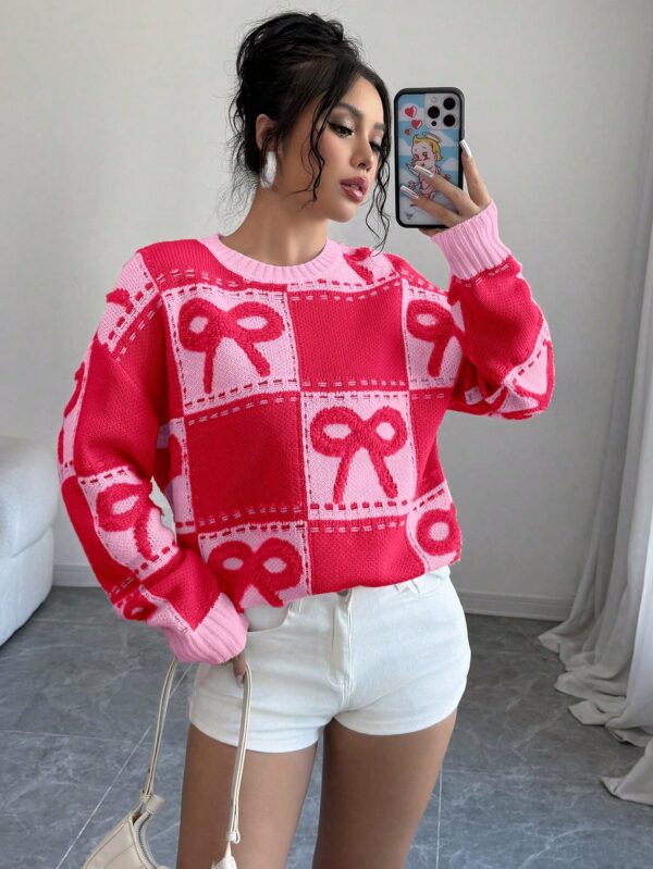 Sweater Tejido con Diseño a Cuadros y Detalle de Moño 3D - Image 37
