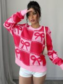 Sweater Tejido con Diseño a Cuadros y Detalle de Moño 3D