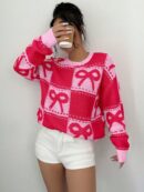 Sweater Tejido con Diseño a Cuadros y Detalle de Moño 3D