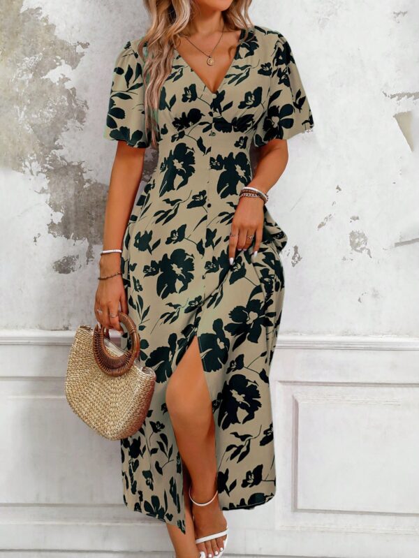 Vestido Largo Elegante de Estampado Tropical con Escote en V y Volantes - Image 34
