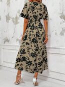 Vestido Largo Elegante de Estampado Tropical con Escote en V y Volantes