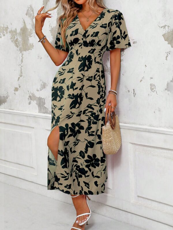 Vestido Largo Elegante de Estampado Tropical con Escote en V y Volantes - Image 37