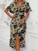Vestido Largo Elegante de Estampado Tropical con Escote en V y Volantes