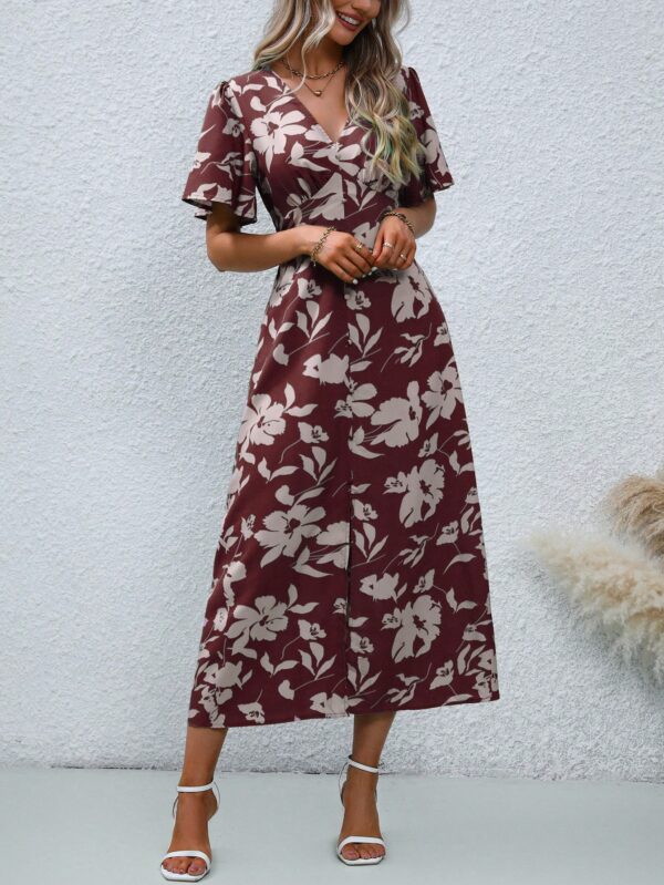 Vestido Largo Elegante de Estampado Tropical con Escote en V y Volantes - Image 46