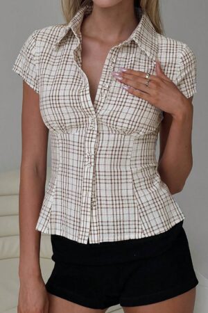 Blusa Cuadrillé Clásica con Botones y Manga Corta