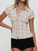 Blusa Cuadrillé Clásica con Botones y Manga Corta