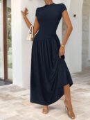 Vestido Midi Asimétrico A-Line Elegante y Simple con Cuello Alto