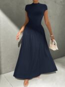 Vestido Midi Asimétrico A-Line Elegante y Simple con Cuello Alto