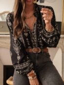 Camisa Elegante Floral Vintage, Manga Puff Extra Larga y Botones