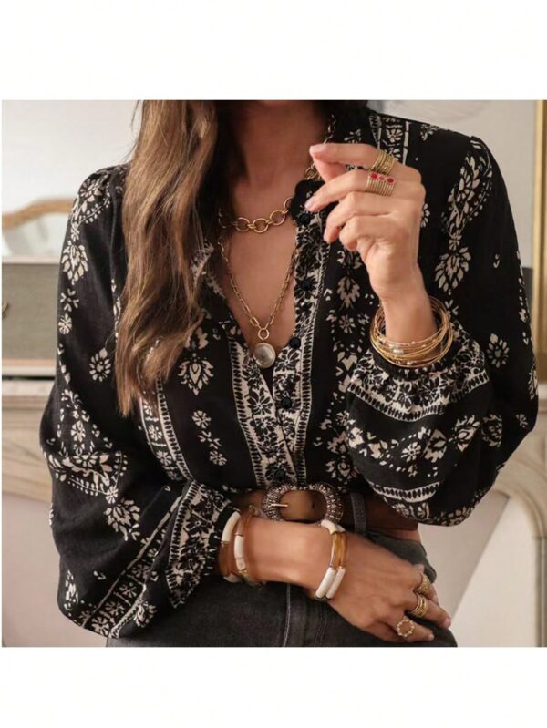 Camisa Elegante Floral Vintage, Manga Puff Extra Larga y Botones - Image 15