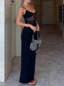 Vestido de Camisola con Contraste de Malla y Espalda Descubierta