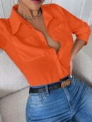 Blusa Casual Blanca de Manga Larga con Cuello y Bolsillo