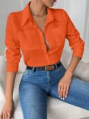Blusa Casual Blanca de Manga Larga con Cuello y Bolsillo
