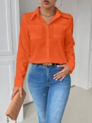 Blusa Casual Blanca de Manga Larga con Cuello y Bolsillo
