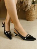 Zapatos de Tacón Gatito en Charol con Punta Afilada y Espalda Abierta