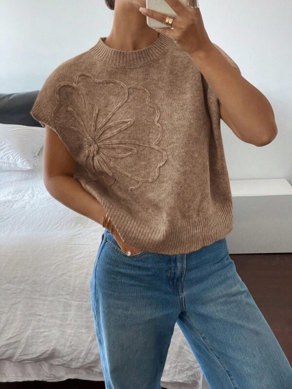 Sweater Casual Tricotado en Color Sólido con Detalles Florales - Image 52