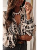 Camisa Elegante Floral Vintage, Manga Puff Extra Larga y Botones