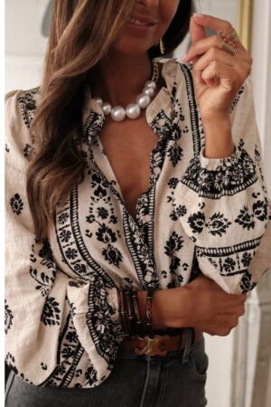 Camisa Elegante Floral Vintage, Manga Puff Extra Larga y Botones
