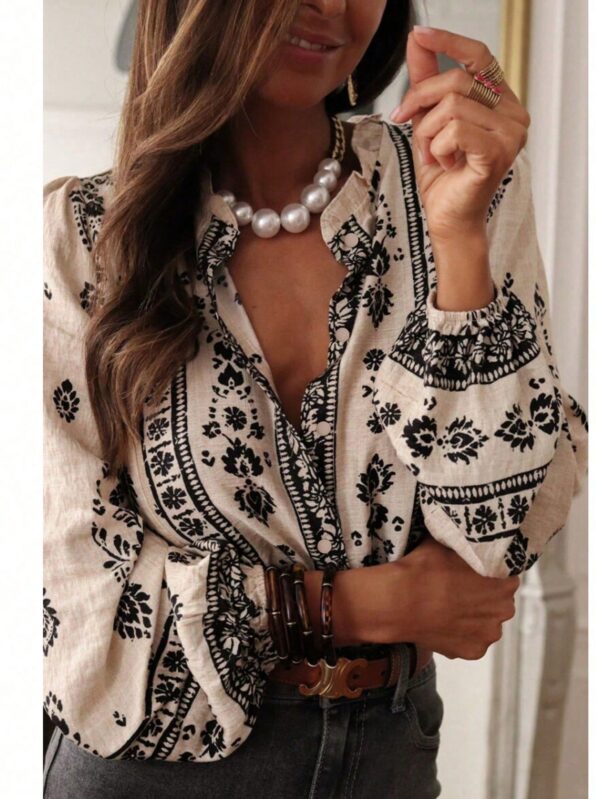 Camisa Elegante Floral Vintage, Manga Puff Extra Larga y Botones