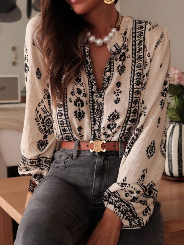 Camisa Elegante Floral Vintage, Manga Puff Extra Larga y Botones - Image 3