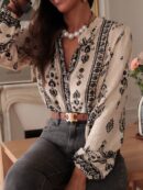 Camisa Elegante Floral Vintage, Manga Puff Extra Larga y Botones