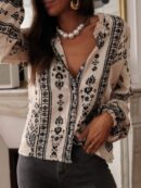 Camisa Elegante Floral Vintage, Manga Puff Extra Larga y Botones