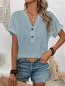 Camiseta de Verano Casual con Cuello en V y Botones Decorativos