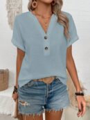 Camiseta de Verano Casual con Cuello en V y Botones Decorativos