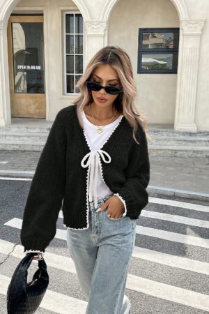 Cardigan Casual de Manga Larga con Detalles Contrastantes