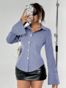 Blusa de Negocios Casual a Rayas con Botones y Manga Larga