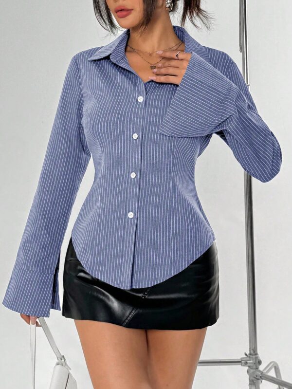 Blusa de Negocios Casual a Rayas con Botones y Manga Larga - Image 23