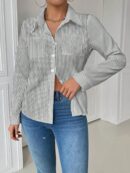 Blusa Casual Blanca de Manga Larga con Cuello y Bolsillo
