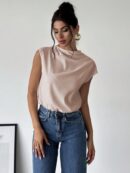 Blusa Elegante Asimétrica con Cuello Mao y Pliegues