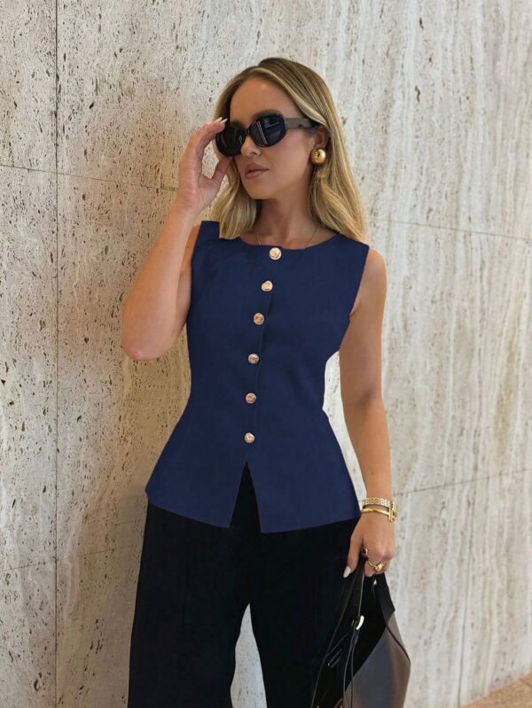Chaleco Elegante de Botones Metálicos con Cuello Redondo - Image 36