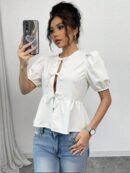 Blusa Mujer con Mangas Puff, Lazo y Peplum