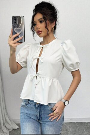 Blusa Mujer con Mangas Puff, Lazo y Peplum