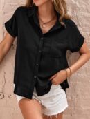 Camisa Negra de Manga Murciélago con Bolsillo y Botones