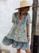 Vestido Bohemio Playa con Estampado Floral y Lazo en Escote