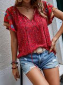 Blusa de Manga Mariposa con Estampado Floral y Lazo al Cuello