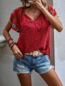 Blusa de Manga Mariposa con Estampado Floral y Lazo al Cuello
