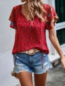 Blusa de Manga Mariposa con Estampado Floral y Lazo al Cuello