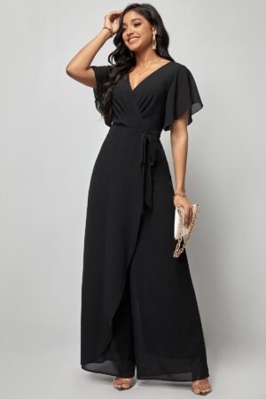 Mono Elegante de Pierna Ancha con Lazo y Mangas Mariposa