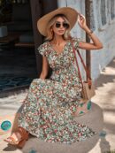 Vestido Floral Boho con Mangas Mariposa y Dobladillo de Volantes