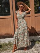 Vestido Floral Boho con Mangas Mariposa y Dobladillo de Volantes