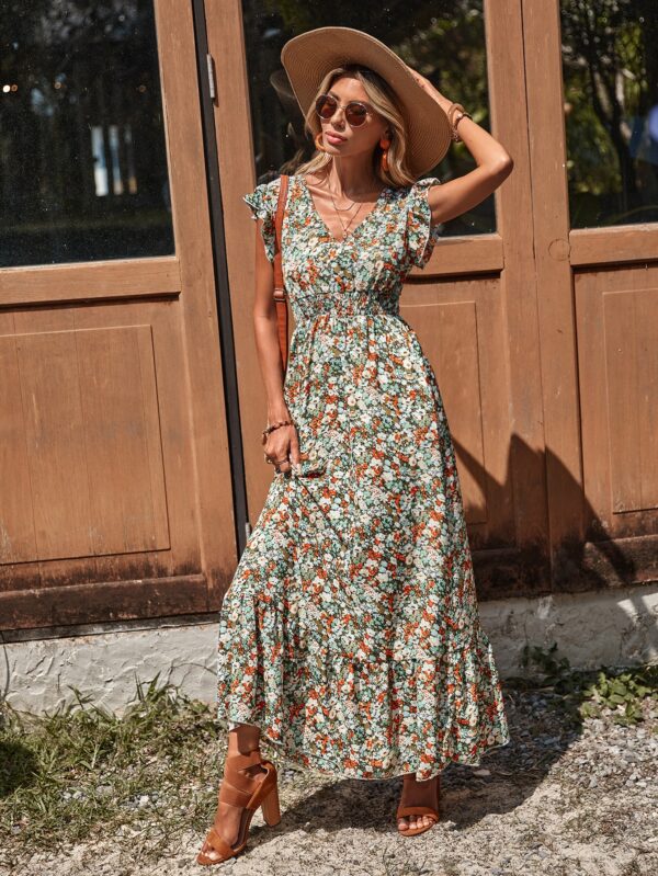 Vestido Floral Boho con Mangas Mariposa y Dobladillo de Volantes - Image 4
