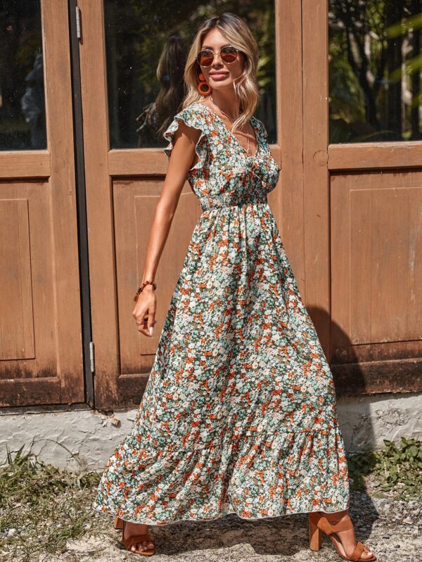 Vestido Floral Boho con Mangas Mariposa y Dobladillo de Volantes - Image 3
